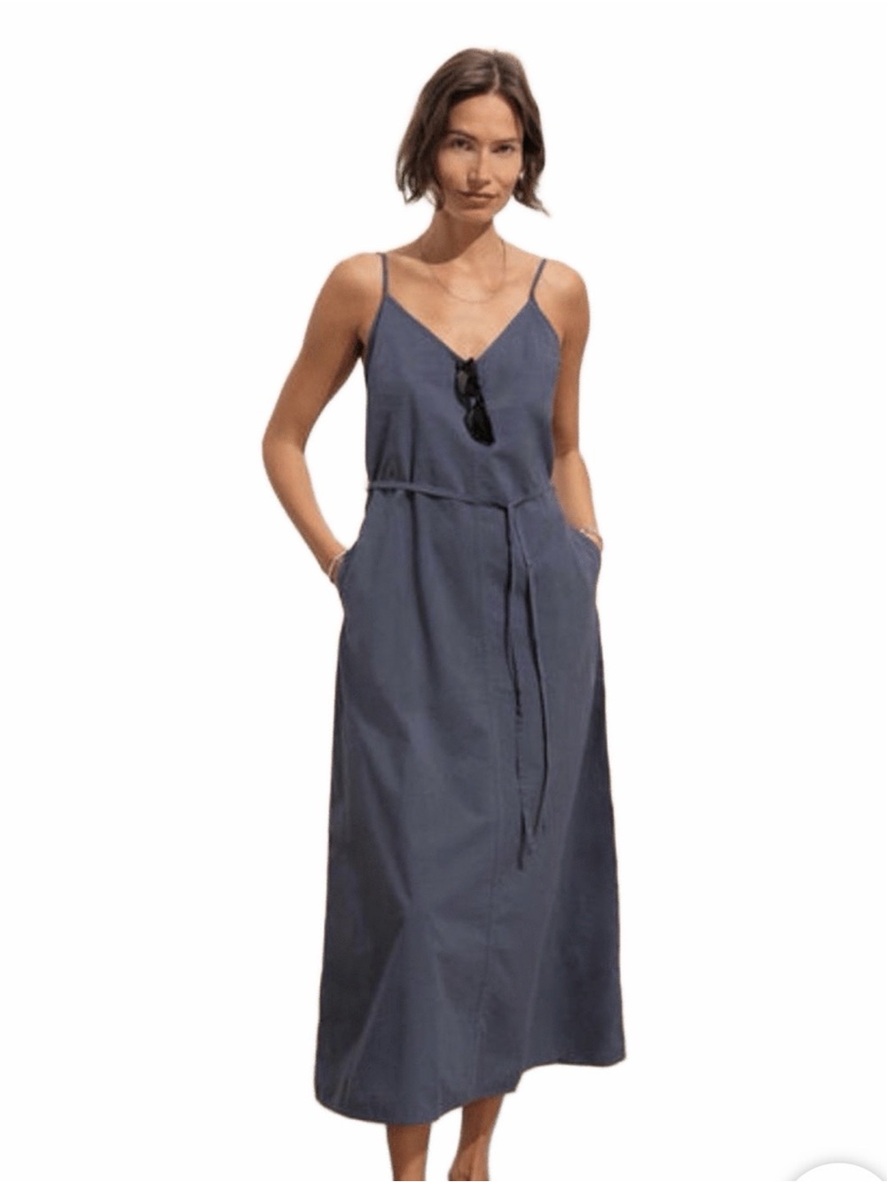 Buck Mason Navy Sleeveless V-Neck Maxi Dress with Tie Waist